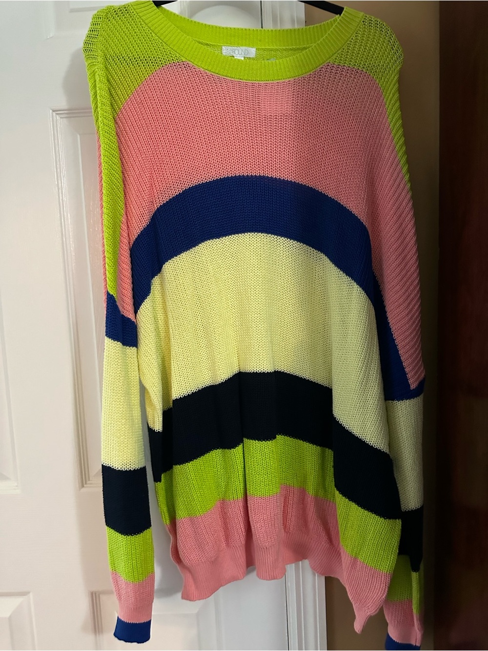 Abound Multicolor Stripe Crewneck Sweater — Pink, Lime, Navy & Cream